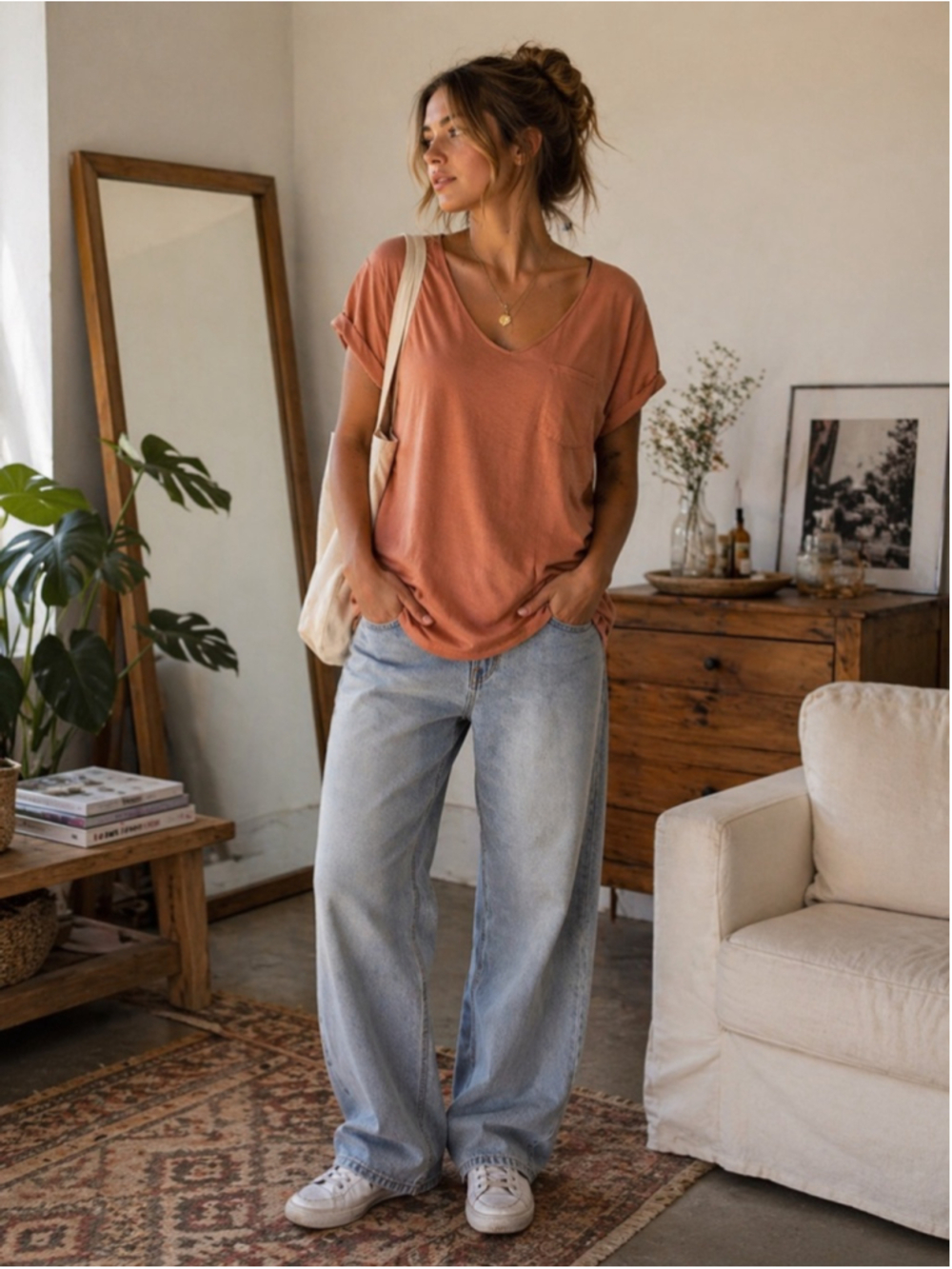 Scotch & Soda Peach V Neck Tee Pocket Soft Casual Womens Top
